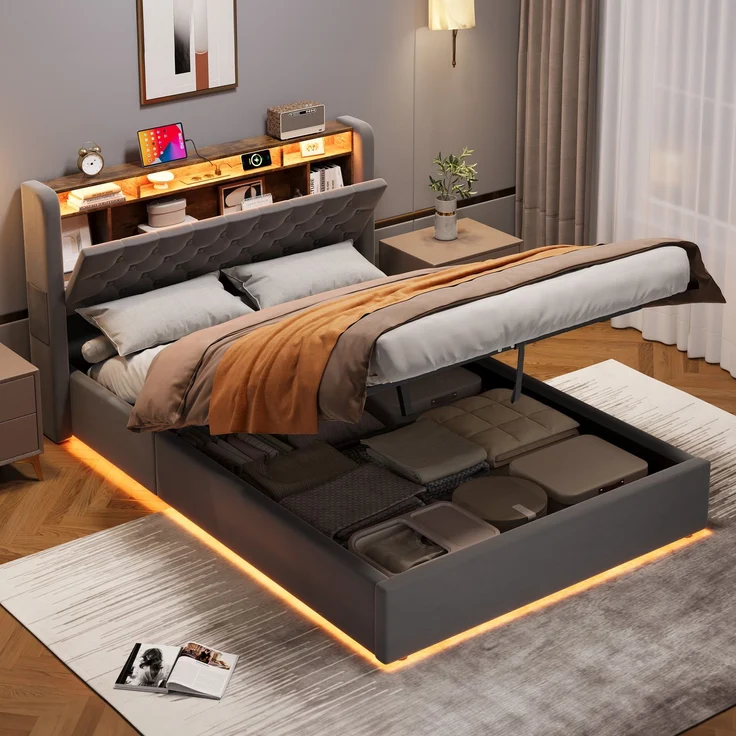 Polsterbett aus Holland-Velours 140x190 cm in Grau mit LED, USB-C & Stauraum – Bild 2