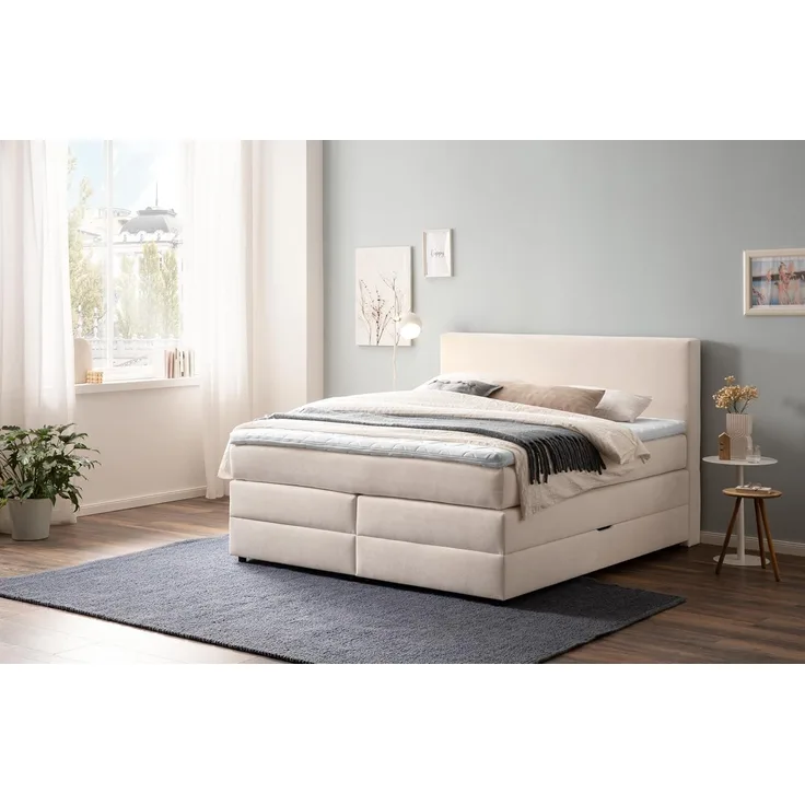 Belanoti Boxspringbett LOFT (Boxspringbett 160x200 mit Bettkasten, 7-Zonen Taschenfederkern Matratze inklusive Visco Topper), Bett 160x200 in der Farbe Beige H2/H3 Polsterbett
