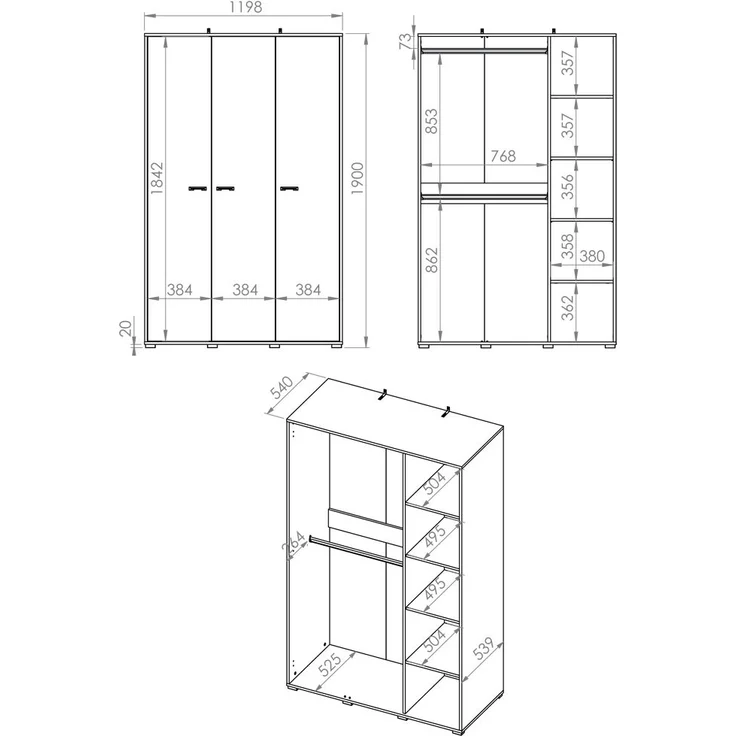 Kleiderschrank 3-türig, schwarz mit Eiche und sandfarben, CASPER-131 – Bild 8
