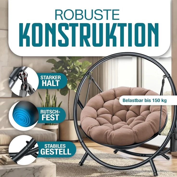 KESSER® Hängesessel mit Gestell BALI Hängeschaukel Hängestuhl bis 150kg für Indoor und Outdoor + Kissen & Seitentasche Hängekorb Stahlgestell & Schaumstoff Sitzpolster ideal für Wohnzimmer & Garten Taupe – Bild 6
