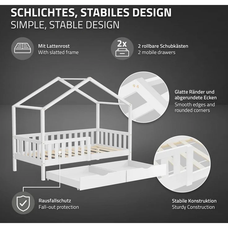 ML-DESIGN Spielbett Hausbett Kinderbett inkl. 2 Schubladen, Lattenrost und Rausfallschutz, Abenteuerbett 80x160 cm Haus Bett Himmelbett Kiefer Jugendbett Weiß – Bild 3