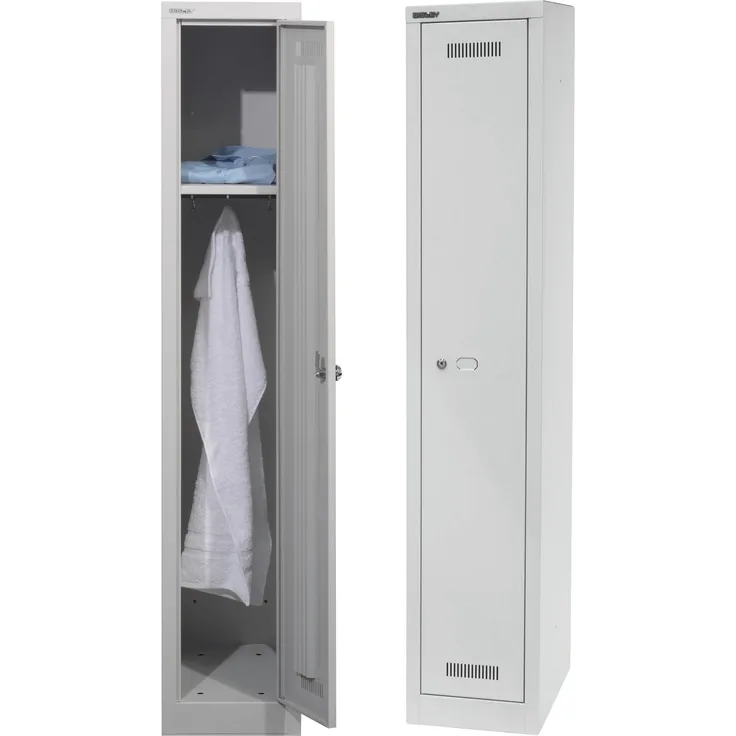 BISLEY Garderobenschrank MonoBloc abschließbar mit Belüftungsschlitzen, Hutboden, Handtuchhalter, Kleiderstange & 3 Haken - Spind mit Schloss - 1 Abteil, Farbe: lichtgrau, ML03S1-645