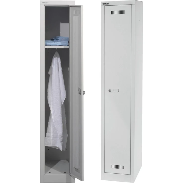 BISLEY Garderobenschrank MonoBloc abschließbar mit Belüftungsschlitzen, Hutboden, Handtuchhalter, Kleiderstange & 3 Haken - Spind mit Schloss - 1 Abteil, Farbe: lichtgrau, ML03S1-645 – Bild 1
