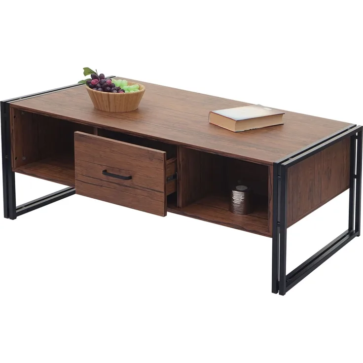 Couchtisch HWC-A27b, Beistelltisch Wohnzimmertisch, 3D-Struktur, 45x110x60cm MVG-zertifiziert, Metall ~ Wildeiche-Optik