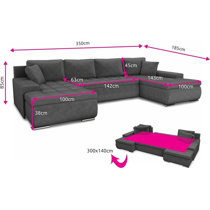 Wohnlandschaft mit Schlaffunktion Faris U-Form - Couch, Schlafsofa mit Bettkasten, Couchgranitur mit Bettfunktion, Big Sofa, Bettsofa (Grün (Kronos 19)) – Bild 3