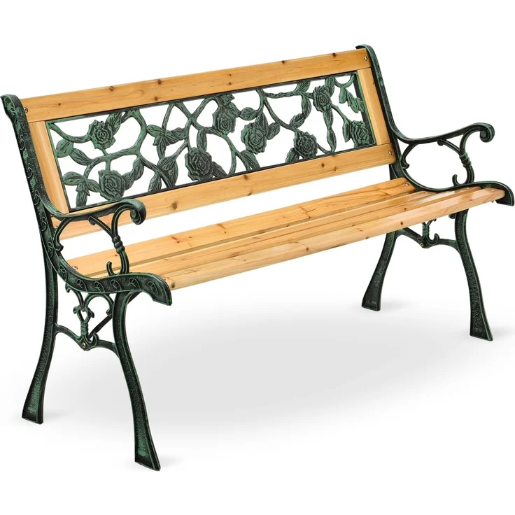 Juskys Gartenbank Venezia – 2-Sitzer Holzbank mit Armlehnen & Rückenlehne – wetterfeste Sitzbank 122x54x73 cm - Seitenelemente aus Gusseisen – Bild 1
