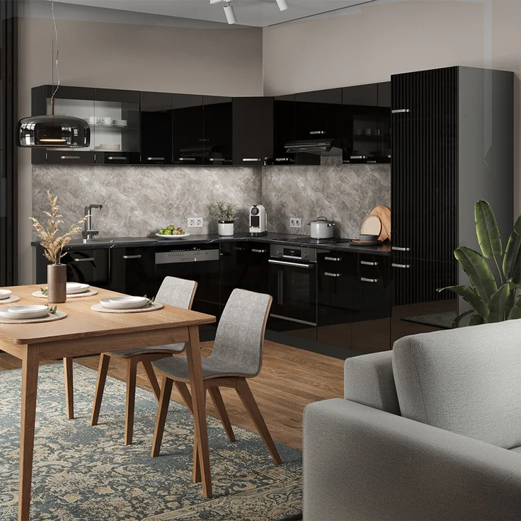 Küchenfront R-Line Schwarz Hochglanz 46x71.6 cm Möbelfront für den Eckunterschrank Vicco – Bild 6