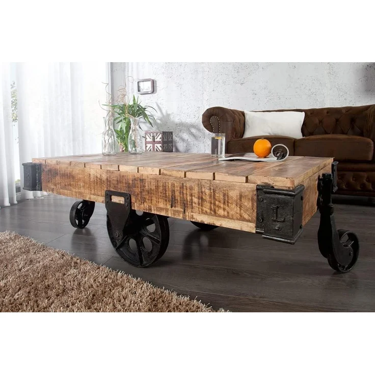riess-ambiente Couchtisch RAILWAY 120cm natur / schwarz, Wohnzimmer · Massivholz · Metall · auf Rädern · Industrial – Bild 4