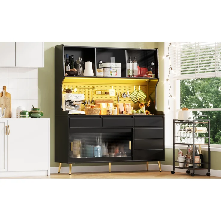 ZUBALIYA LED-Küchenschrank 145x39x171 cm, mit App-Steuerung, mit Stauraum, MDF/Glas, Schwarz – Bild 20