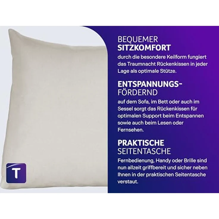 Traumnacht Cozy Rückenkissen, Lesekissen, 70x40 cm beige, abnehmbarer, waschbarer Bezug aus 100% Polyester, praktisches Seitenfach, Öko-Tex zertifiziert, produziert nach deutschem Qualitätsstandard – Bild 3