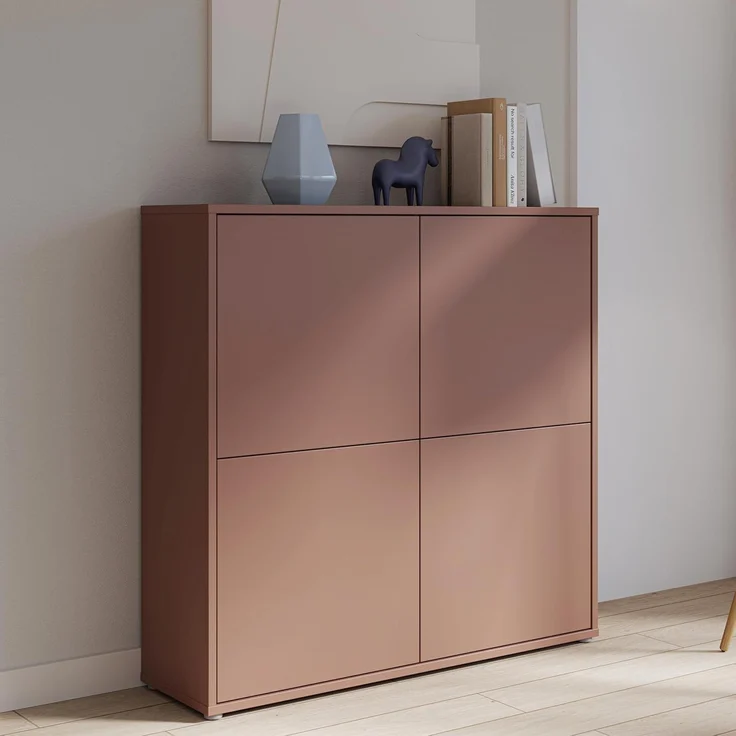 Forte ALCIE Springs Highboard 120 130, moderner Schrank mit 4 Schranktüren, Wohnzimmer, Schlafzimmer, Holzwerkstoff, Terrakotta, 124,5 cm breit x 121,5 cm hoch x 34,9 cm tief