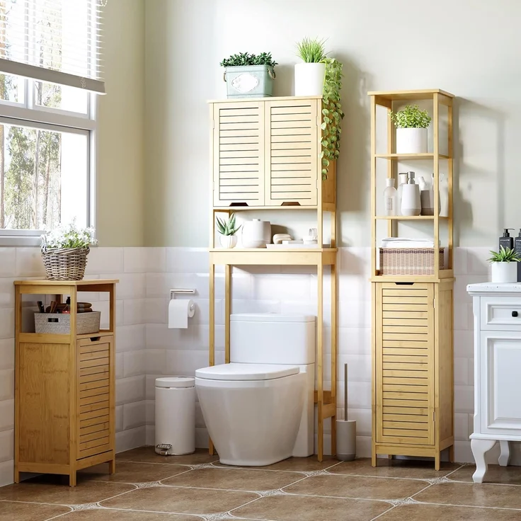 Kleankin Badkommode Badschrank mit 3 offenen Fächer und 1 Schrank (Badmöbel, 1 St, Badezimmerschrank), Natur 34 x 30 x 173 cm – Bild 2
