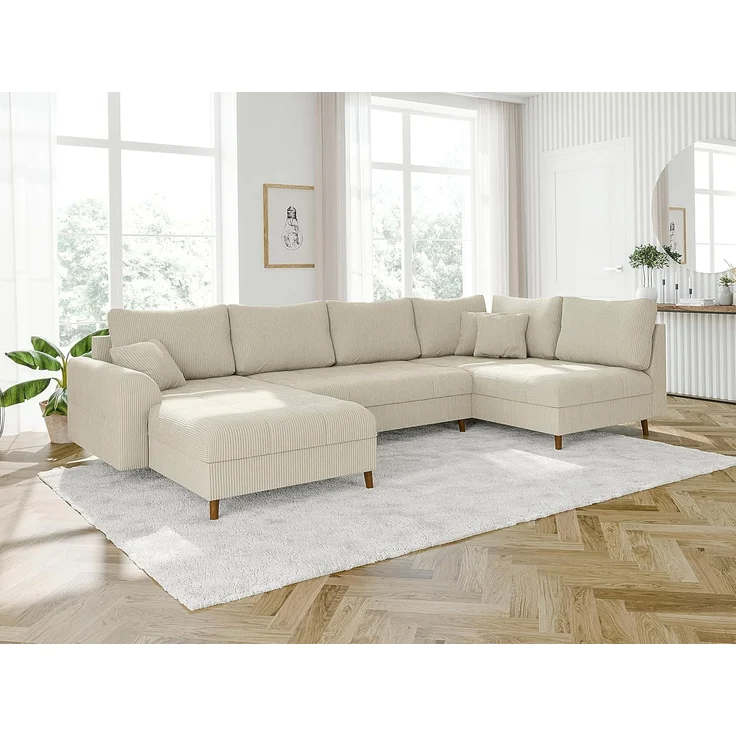 S-Style Möbel Wohnlandschaft Zara mit Braun Holzfüßen im skandinavischen Stil aus Cord-Stoff, Ottomane links oder rechts bestellbar, mit Wellenfederung – Bild 2