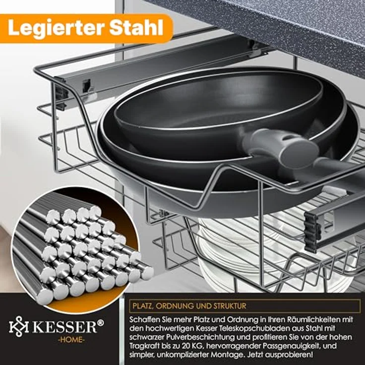 KESSER® Teleskopschublade 30-60cm Schrankbreite verchromt aus Edelstahl Schubladeneinsatz für Küchenschrank Korbauszug Schrankauszug 1x 50cm - Anthrazit – Bild 9