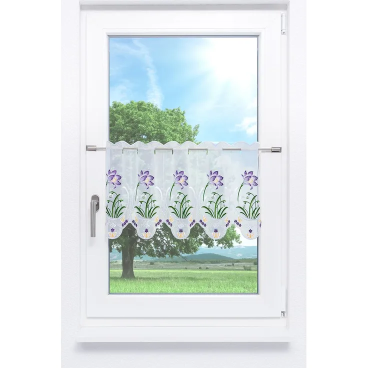 Scheibengardine Plauener Spitze - Krokus mit Schneeglöckchen (Bx H) 96cm * 36cm Violett/Lila