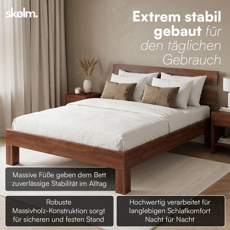 skølm 'Floki' Bett 140x200 cm, Bettgestell aus Eiche, Bettkopf 2 Streben, Massivholzbett lackiert, Walnuss Optik, geeignet als Doppelbett – Bild 7