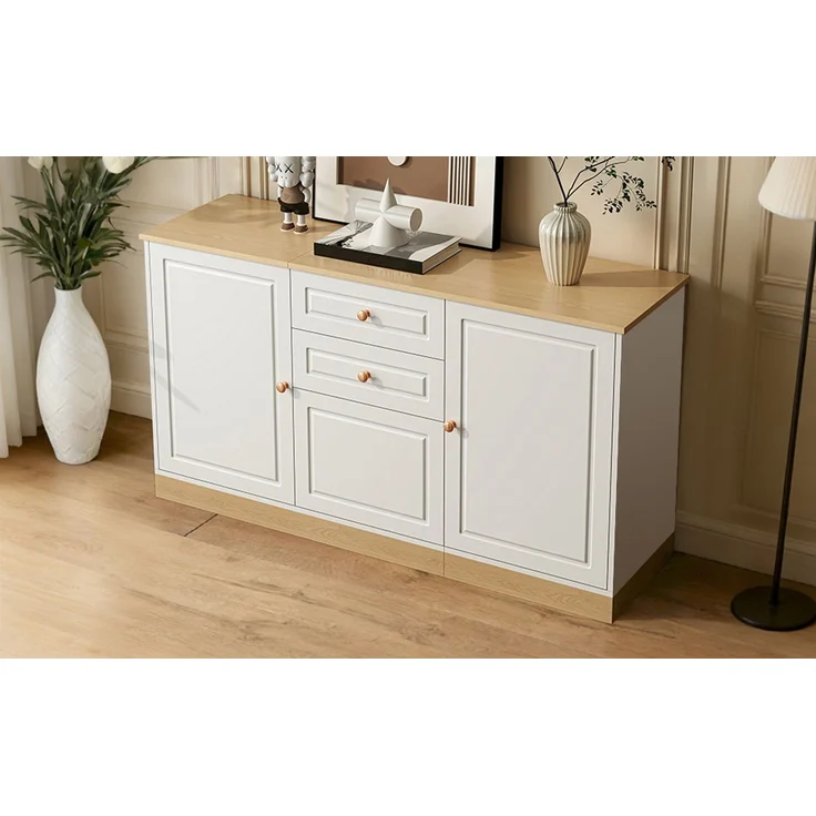 DESVIAE Sideboard mit 3 Türen und 2 Schubladen 135,5x76x39 cm Spanplatte Weiß/Holzoptik – Bild 3