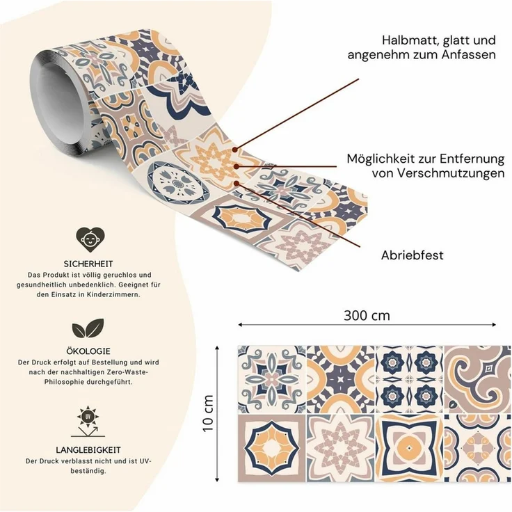 Muralo Bordüre Wandbordüre selbstklebend Muster – Tapetenbordüre Wohnzimmer Flur, grafisch, Beigefarbenes Mosaik, 10x300 cm, abriebfest, abwischbar – Bild 2