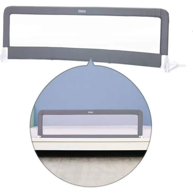 Fillikid Bettschutzgitter & Rausfallschutz für Baby & Kinder 150x50 cm - hohes, klappbares Bettgitter für Betten & Boxspringbett - Grau Weiß