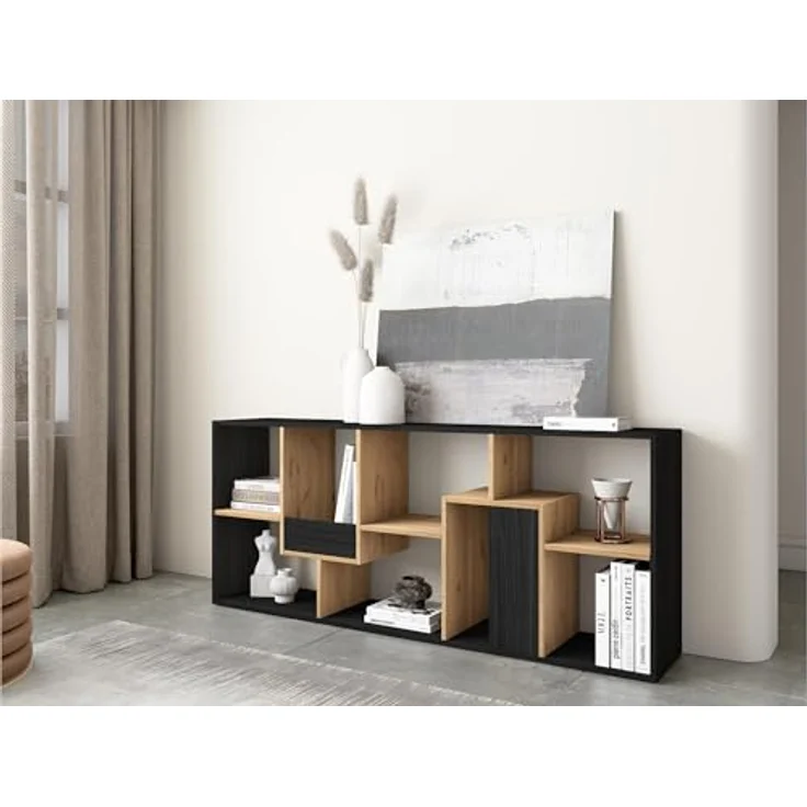 Skraut Home | Bücherregal Bibliothek | Bookshelf, Bookcase | 162 x 67 x 31 cm | Aufbewahrungsregal | Moderner Stil | Schwarz und Eiche – Bild 5