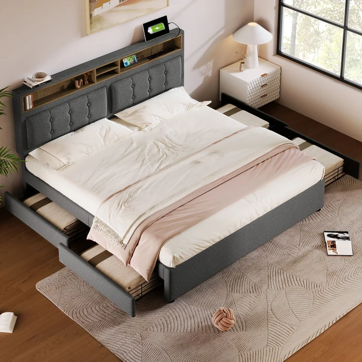 Doppelbett mit 4 Schubladen, höhenverstellbarem Kopfteil & USB-C Ladestation, Leinen, 160x200 cm, Grau, mit Matratze – Bild 4