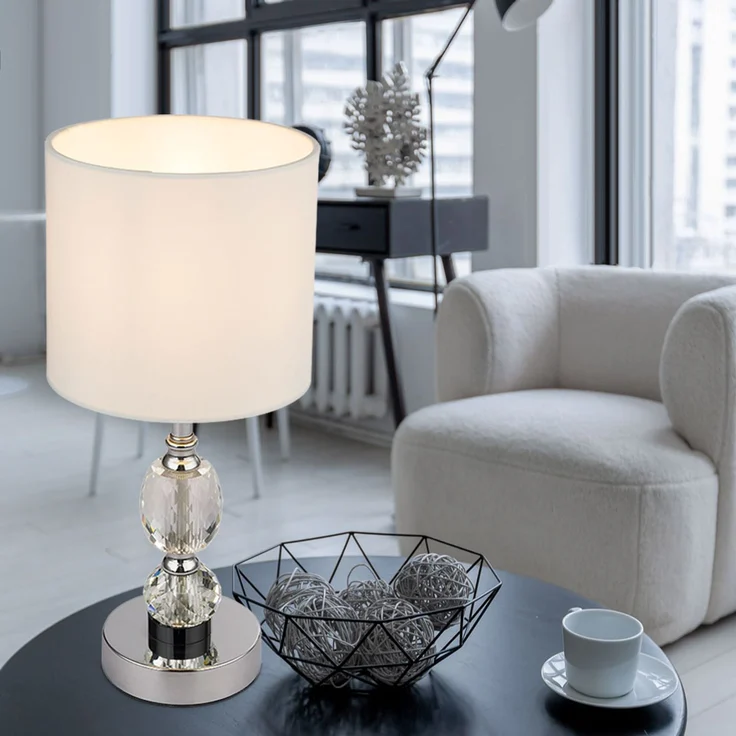 LED Tischleuchte, Kristallglas klar, Textil weiß – Bild 8