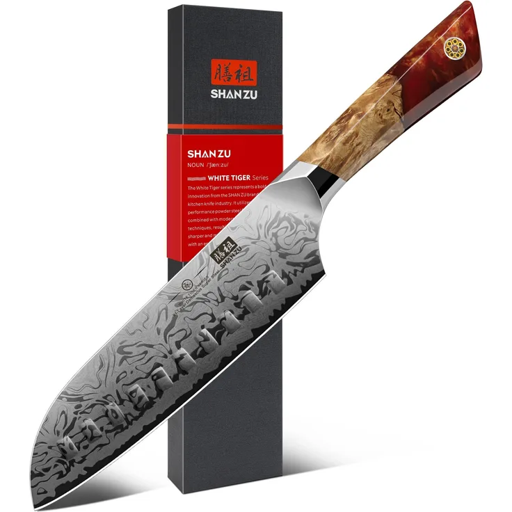 SHAN ZU Damast Santokumesser, 18cm Japanisches Küchenmesser aus SG2-Pulverstahl, Handgeschmiedetes Profi Kochmesser aus 91 Schichten Damaststahl, Ergonomischer Ahorngriff – WHITE TIGER Series