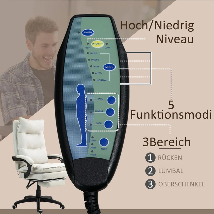 MELAYR, Massage-Bürostuhl, Schreibtischsessel mit Massagefunktion, höhenverstellbarer, 70 x 62 x 130 cm, Cremeweiß – Bild 6