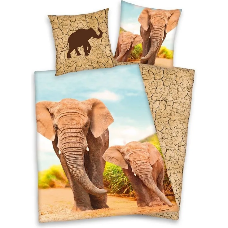 Herding Kinderbettwäsche Bettwäsche Elefant mit Baby 135x200 cm (80x80 cm)