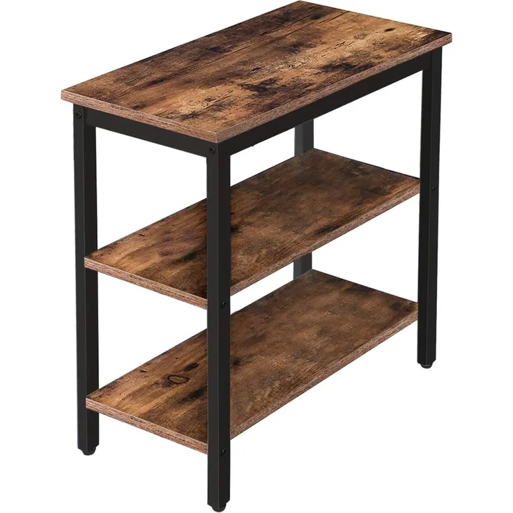 HOOBRO Beistelltisch, Nachttisch mit 3 Ablage, Sofatisch Industriestil, Nachtschrank, Schlafzimmer, Wohnzimmer, Küche, Einfach zu montieren, Metallrahmen, Vintage, Dunkelbraun EBF14BZ01