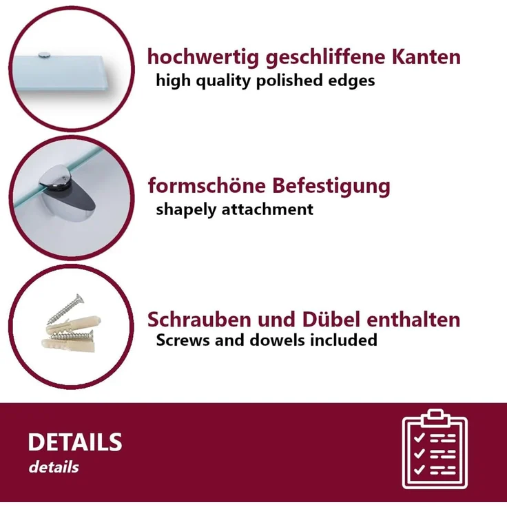 HOOZ Wandregal aus Sicherheitsglas mit Halterung - Weiß - 70 x 18 x 0,6 cm, 1-tlg, mit geschliffenen Kanten – Bild 4