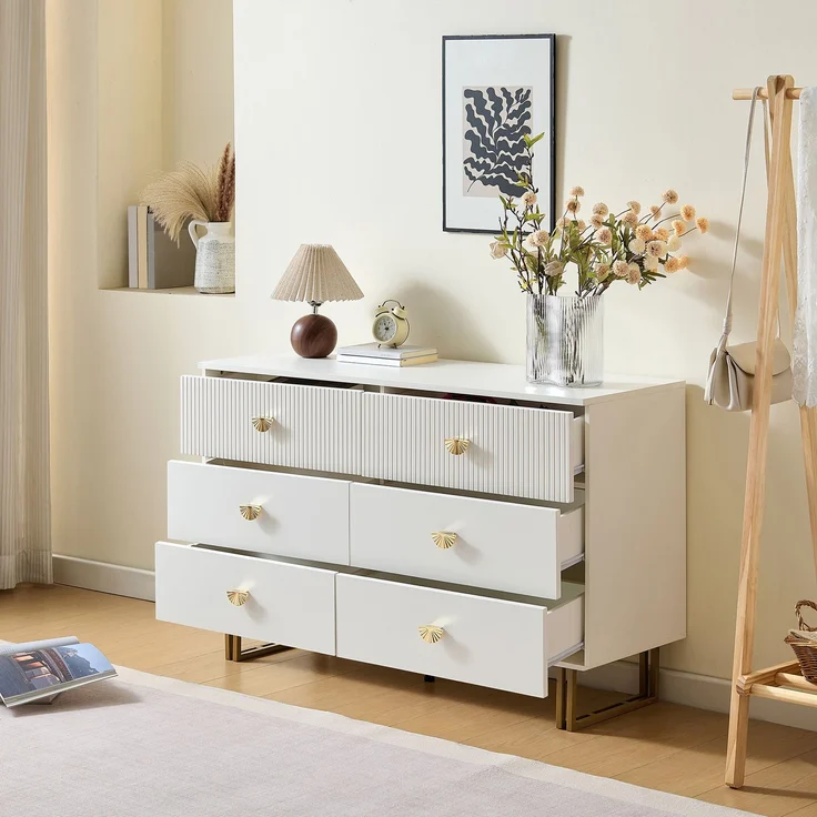 Sideboard Weiß MDF 120 x 40 x 75 cm mit 6 Schubladen, modern, Metallbeine, Aufbewahrungsschrank Wohnzimmer – Bild 1
