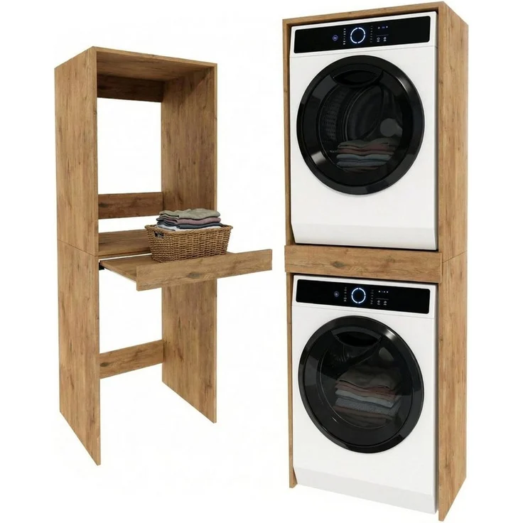 TREND WERK Waschmaschinenumbauschrank 66×64×184 cm - für Waschmaschine & Trockner übereinander (Waschraum Möbel Schrank für Waschküche mit Stauraum) Waschturm für Waschmaschine & Trockner mit Ausziehbrett & Hochschrank – Bild 2