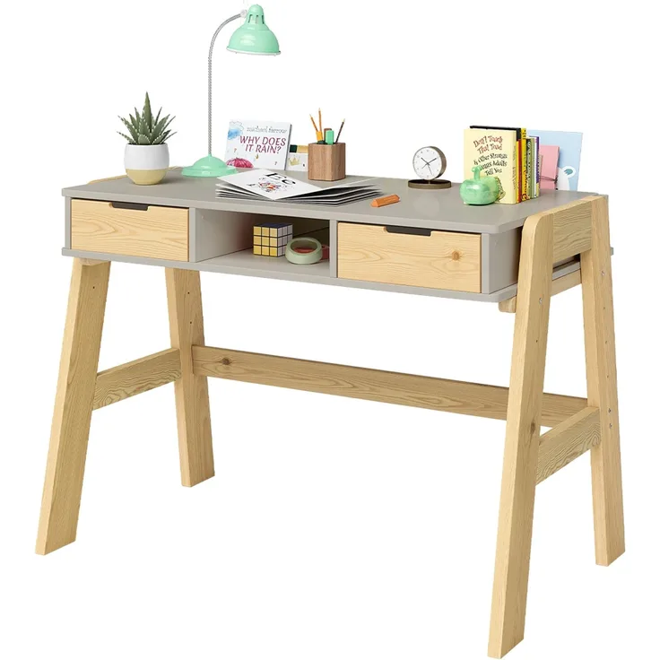 Bellabino 'Campo' Kinderschreibtisch, beige, 4-fach höhenverstellbar 56-75 cm, Jugendschreibtisch mit 2 Schubladen und 3 Aufbewahrungsfächern, 75x63x93 cm