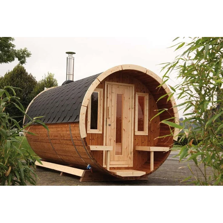 Wolff Finnhaus Saunafass 400 de luxe Thermoholz-montiert Fasssauna 2 Sitzbänke aus Holz Sauna mit 42 mm Wandstärke Außensauna – Bild 1