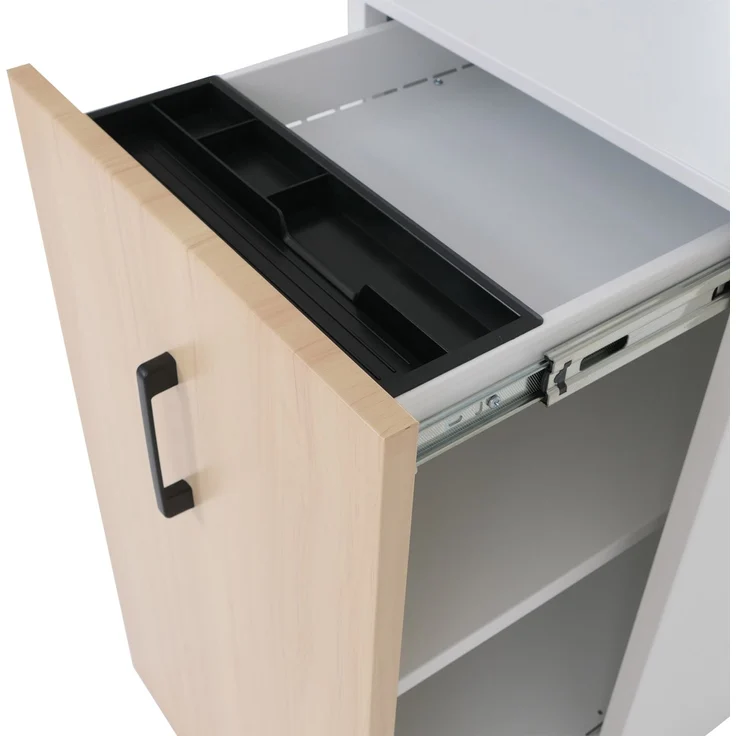 Aktenschrank HWC-Q27, Büroschrank Stahlschrank, Stützrad Staufächer, Metall 74x43x80cm ~ weiß, Holzfront – Bild 5