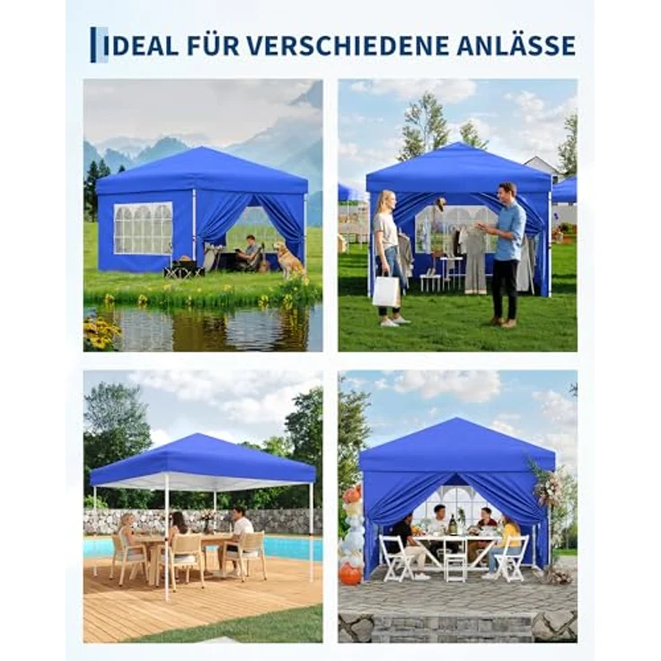 Faltpavillon 3x3 m wasserdicht stabil mit 4 Seitenwänden – Pop up Pavillon faltbar aus 420D Oxford, UV-Schutz 50+, 3-Fach höhenverstellbar, Partyzelt mit Tragetasche für Garten & Outdoor (Blau) – Bild 4