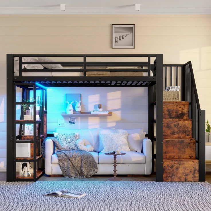 Hochbett mit RGB LED-Streifen und Regal, 90x200cm, Metallbett mit Rausfallschutz, Lattenrost und Treppe, Kinderbett – Bild 3