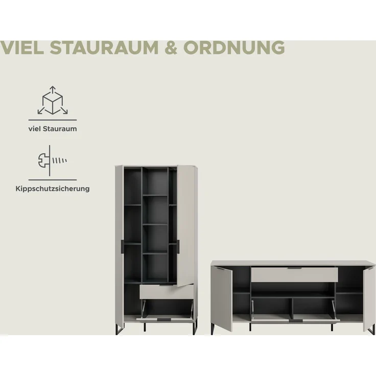 Wohnkombination B/H/T: 240x192x41 cm in Kaschmir Nachbildung und schwarz – Bild 9