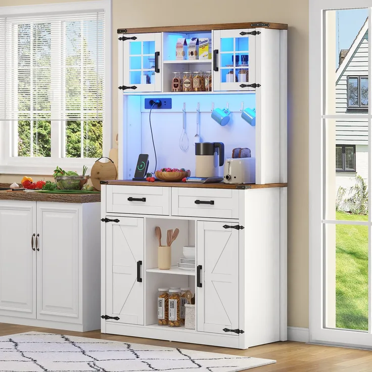 Barschrank mit LED-Beleuchtung und Steckdosen, großer Küchen-Buffetschrank mit 2 großen Schubladen, Scheunentor-Design, verstellbaren Einlegeböden, rustikaler Kaffeebar-Sideboard-Tisch, weiß--Braun + Weiß--100x40x172cm--YOUDENOVA