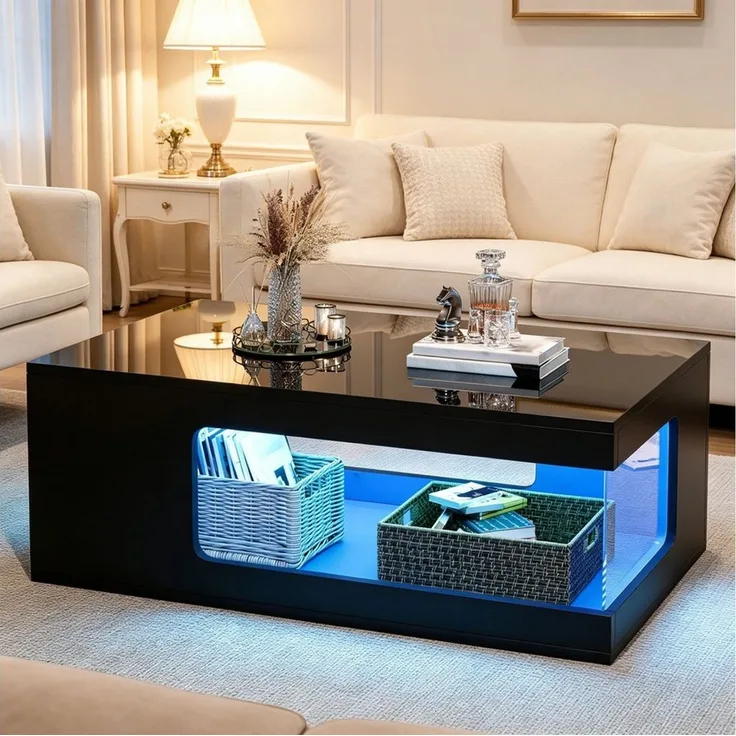 OKWISH Couchtisch Wohnzimmer-Couchtisch aus Spanplatte, Teetisch (Packung, 1-St, 50 x 100 x 35 cm, Schwarz), Hochglanz, LED-Lichtleiste