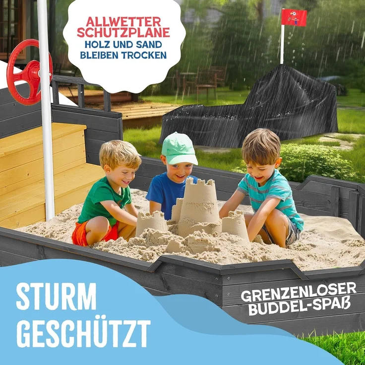 KIDIZ® Sandkasten Ahoi - Piratenschiff, Holz Anthrazit, 195 x 94 x 136 cm – Bild 6