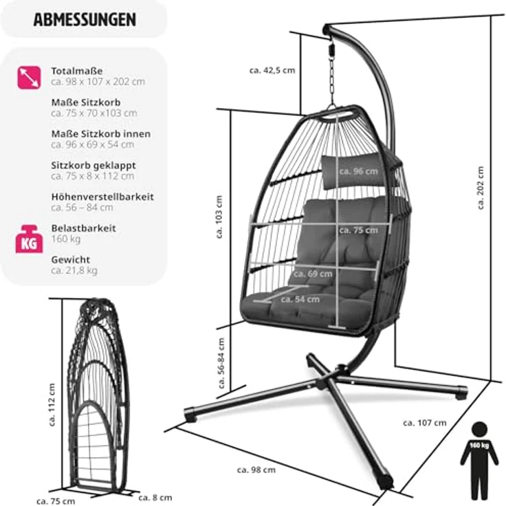 tectake Hängesessel Ariane, Dunkelgrau, Textil, robustes Stahlgestell, belastbar bis 160 kg, mit Schutzhülle, 98x202x107 cm – Bild 2