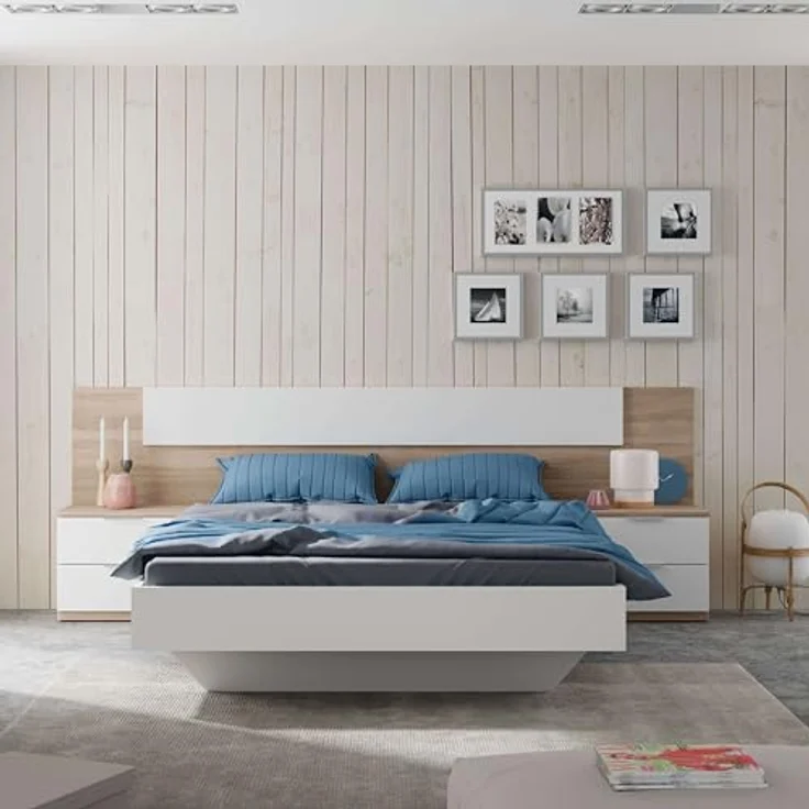 Habitdesign, modernes Kopfteil mit 2 Nachttischen – Schlafzimmer-Set für Doppelbett in Artik weiß & Kanadischer Eiche, viel Stauraum, Maße: 247 x 50 x 38 cm (B x H x T), Modell Alaya – Bild 8