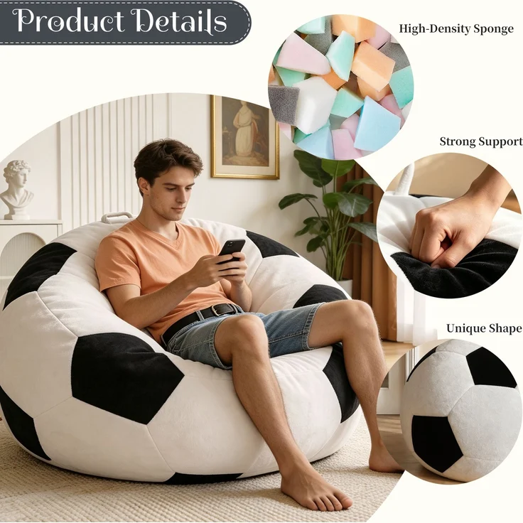 Großer, fußballförmiger Sitzsack, mehrfarbige Ziernähte, bequemes Sofa zum Entspannen im Schlafzimmer, Wohnzimmer oder in der Leseecke, ideal für Erwachsene und Jugendliche – Weiß + Schwarz – 52 x 43,5 x 31,5 cm – YOUDENOVA – Bild 3