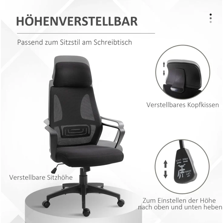 Faumrta Bürostuhl, H?henverstellbarer Schreibtischstuhl mit Wippfunktion Drehstuhl mit Armlehne, Kopfstütze, Lendenstütze Bürostuhl mit Netzstoff-Optik, SchwarzPolyester64cm*55cm*126cmSchwarz – Bild 3