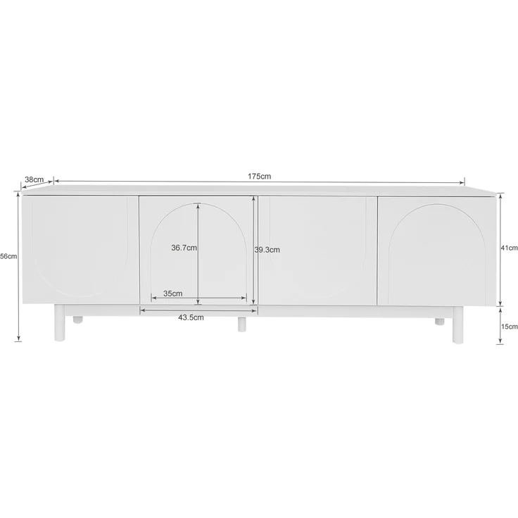 TV-Lowboard aus Spanplatte mit Push-to-Open & verstellbaren Einlegeböden, 175x38x56 cm, Weiß – Bild 6