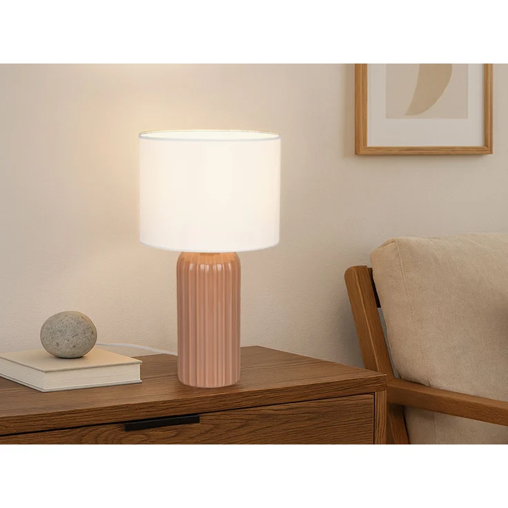 LED Tischleuchte mit Keramikfuß Mocca & Stoffschirm Beige, Höhe 36cm – Bild 1