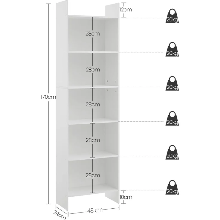 Bücherregal, Regal, Standregal, Büroregal, mit 6 Fächern, offen, für Wohnzimmer, Arbeitszimmer, Büro, als Raumteiler, 24 x 48 x 170 cm, Weiß – Bild 6