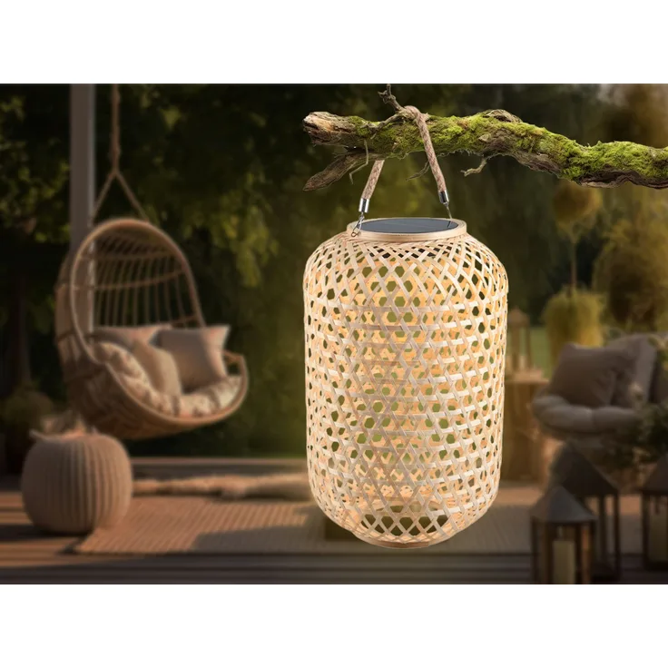 LED Solarlaterne AURE hängend aus Bambus Korbgeflecht mit Sisalseil, Höhe 56cm